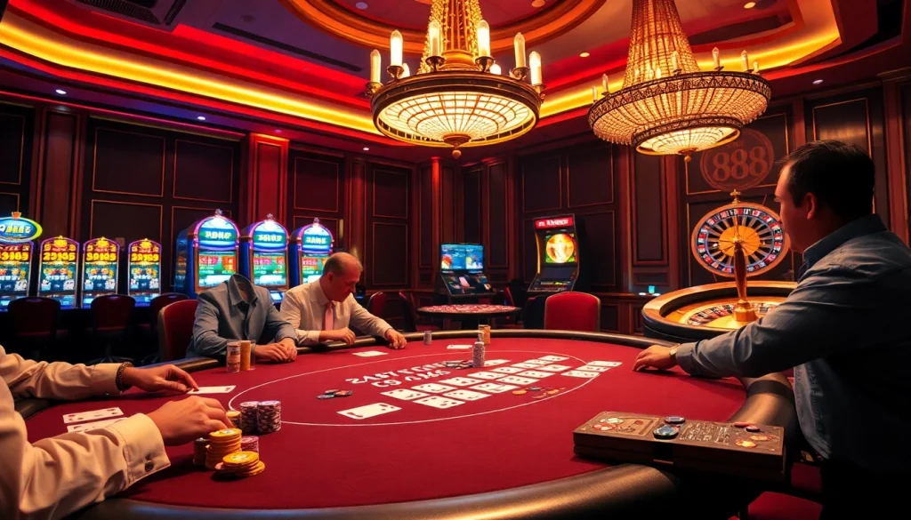 Experience u 888 excitement with a luxurious casino scene featuring poker and roulette.