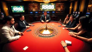 Players enjoying the RR88 casino experience at a vibrant roulette table with poker chips and cards.
